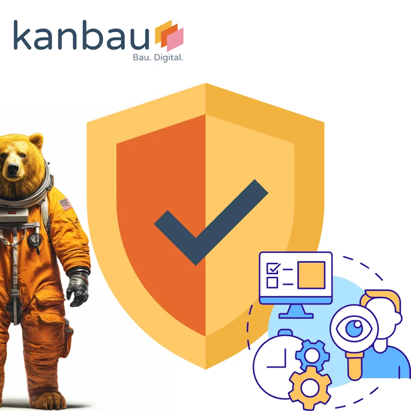Berechtigungen für Kostenstellen in kanbau: Schutzschild mit Haken, Prüfsymbole und ein Bär im Raumanzug unter dem kanbau-Logo.