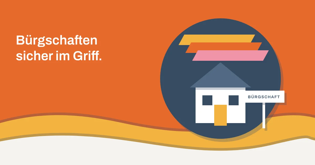 Papierschnitt-Illustration: Ein Haus mit dem Schild „Bürgschaft“ steht geschützt unter einem Schirm aus den drei Parallelogrammen der kanbau-Bildmarke, daneben die Aussage „Bürgschaften sicher im Griff.“