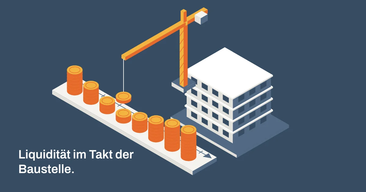 Isometrische Illustration: Neben einem Rohbau mit Kran wachsen und schrumpfen Münzstapel entlang einer Zeitachse, der Kran setzt eine Münze nach – Liquidität im Takt der Baustelle.