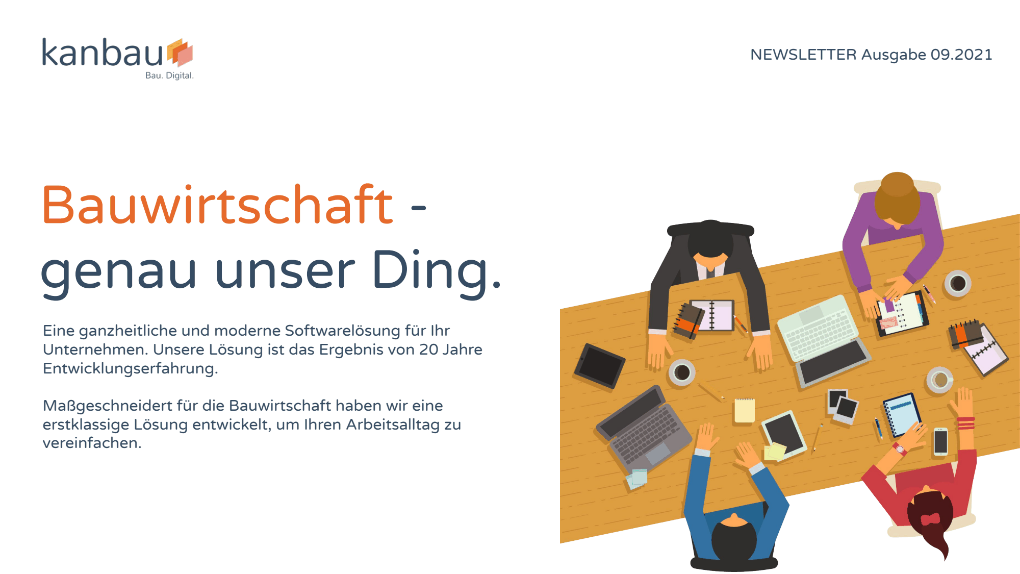 Titelseite des kanbau-Newsletters September 2021 „Bauwirtschaft – genau unser Ding“ mit Illustration eines Teams am Besprechungstisch.