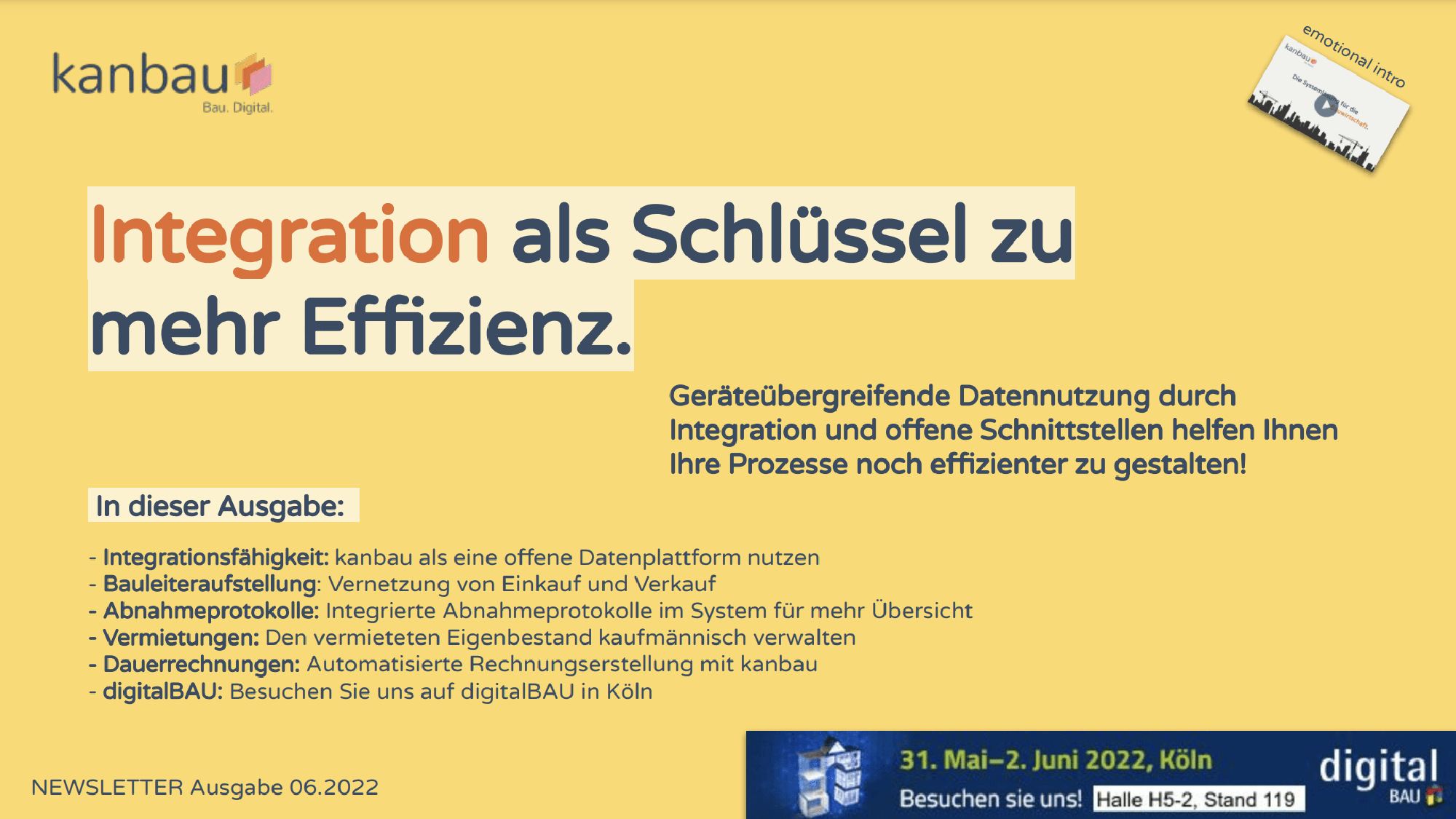 Titelseite des kanbau-Newsletters Juni 2022 „Integration als Schlüssel zu mehr Effizienz“ mit den Themen Bauleiteraufstellung und digitalBAU 2022.