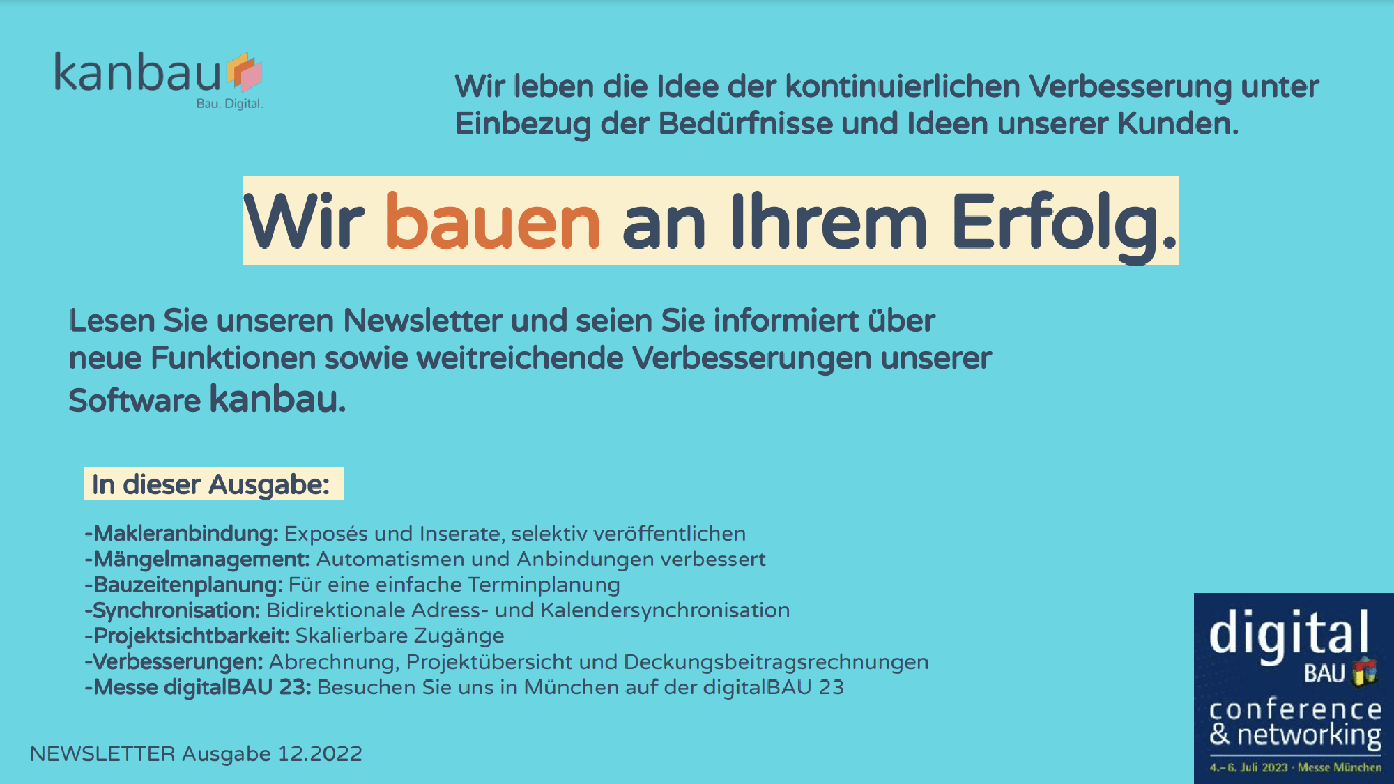 Titelseite des kanbau-Newsletters Dezember 2022 „Wir bauen an Ihrem Erfolg“ mit den Themen Makleranbindung, Mängelmanagement und Bauzeitenplanung.