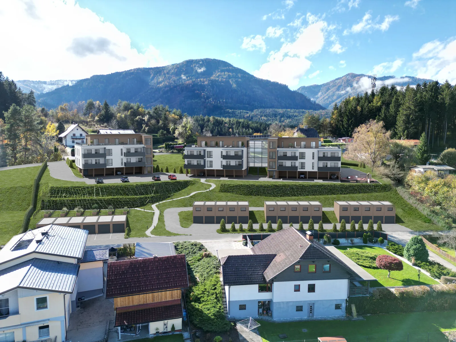 Visualisierung des Projekts FUXZONE Drautal vor Bergpanorama