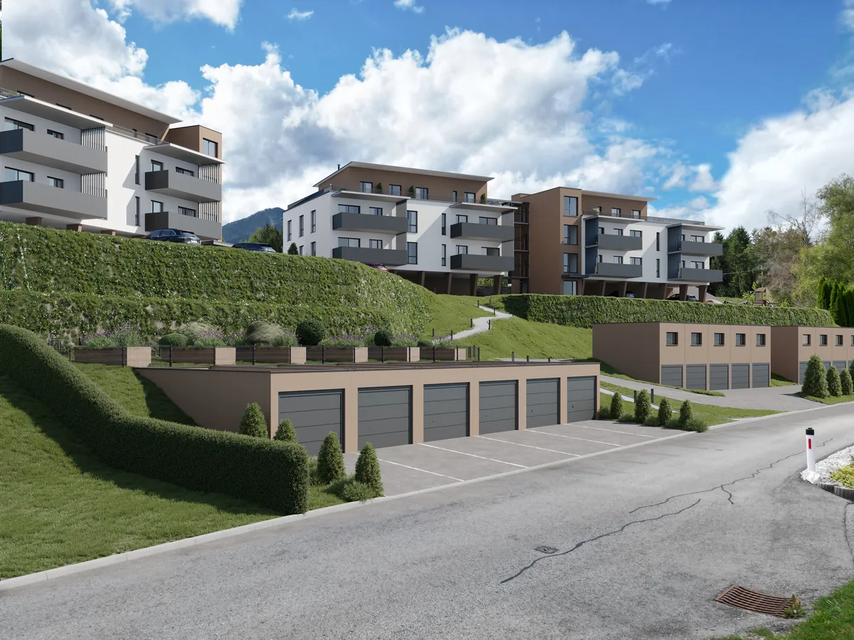 Visualisierung von FUXZONE Drautal: Wohnhäuser am Hang über einer Garagenzeile.