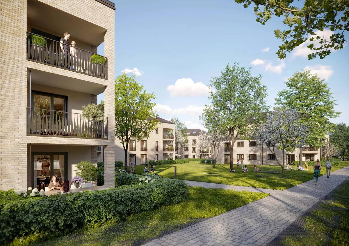 Visualisierung des MFC-Wohnbau-Projekts in Haar: Wohnhaus mit Balkonen, Fußweg und Grünanlage.