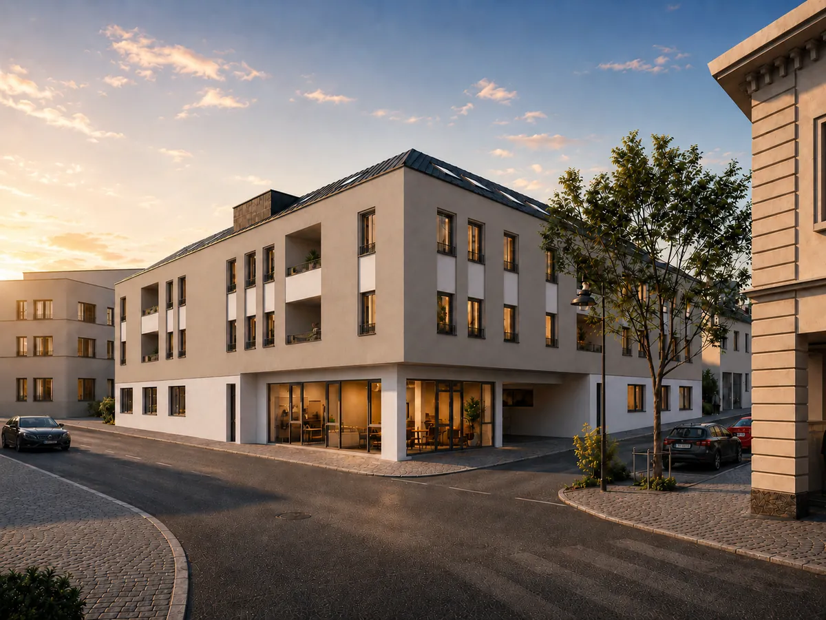 Beispielvisualisierung eines Seniorenzentrums von Verticali mit Ladenzone im Erdgeschoss im Abendlicht.