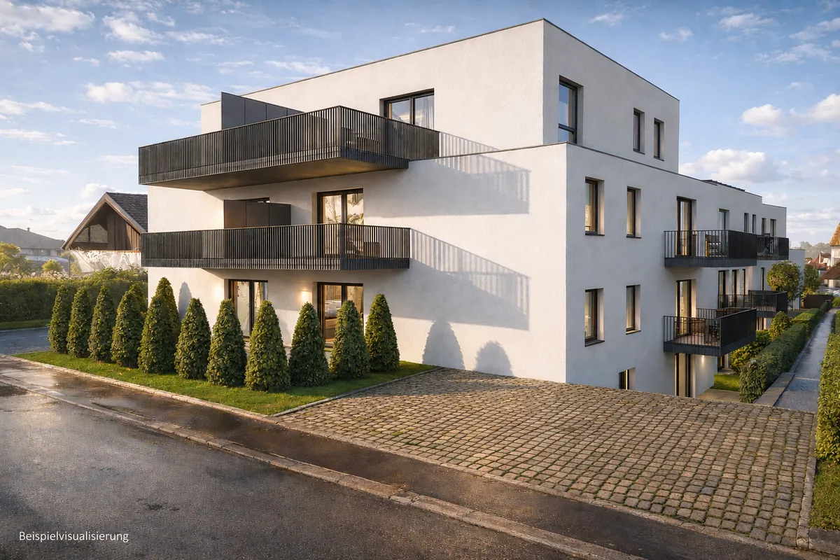 Zweite Beispielvisualisierung des Verticali-Projekts Uhlandstraße mit Balkonen und Zypressen am Gehweg.