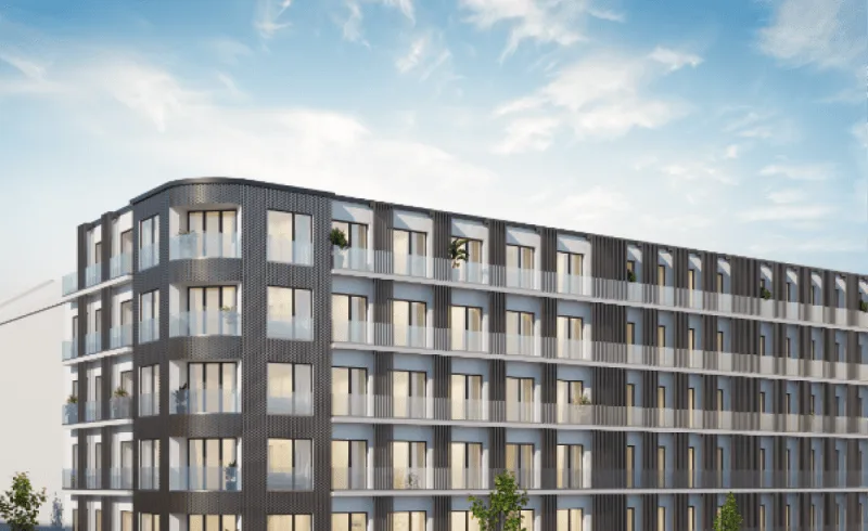 Visualisierung eines mehrgeschossigen Wohn- und Geschäftshauses der OAKWOOD REAL ESTATE GmbH mit Balkonen und Ladenzone im Erdgeschoss.